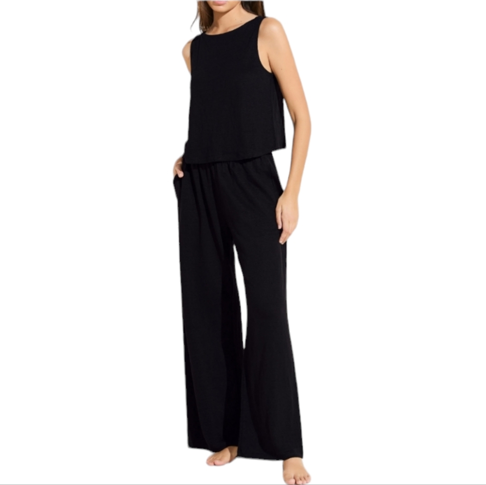 TAHARI WOMEN'S BLACK SWEATER RIBBED LOUNGE WIDE LEG PANTS SIZE MEDIUM